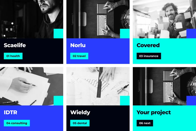 Scaelife · 01 health · Norlu · 02 travel · Covered · 03 insurance · IDTR · 04 consulting · Wieldy · 05 dental · Your project · 06 next