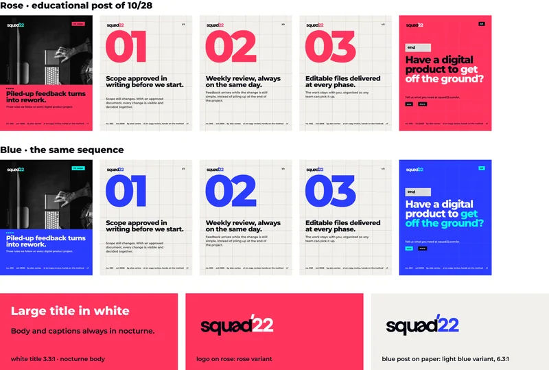 Rose · educational post of 10/28 · Blue · the same sequence · Piled-up feedback turns into rework. · Three rules we follow on every digital product project. · no. 002 · oct 2026 · by alex cortes · ai on copy review, hands on the method · v1 · 1/5  swipe · 2/5 · 01 · Scope approved in writing before we start. · Scope still changes. With an approved document, every change is visible and decided together. · 3/5 · 02 · Weekly review, always on the same day. · Feedback arrives while the change is still simple, instead of piling up at the end of the project. · 4/5 · 03 · Editable files delivered at every phase. · The work stays with you, organized so any team can pick it up. · 5/5 · end · Have a digital product to get off the ground? · Tell us what you need at squad22.com.br. · save · share · Large title in white · Body and captions always in nocturne. · white title 3.3:1 · nocturne body · logo on rose: rose variant · blue post on paper: light blue variant, 6.3:1