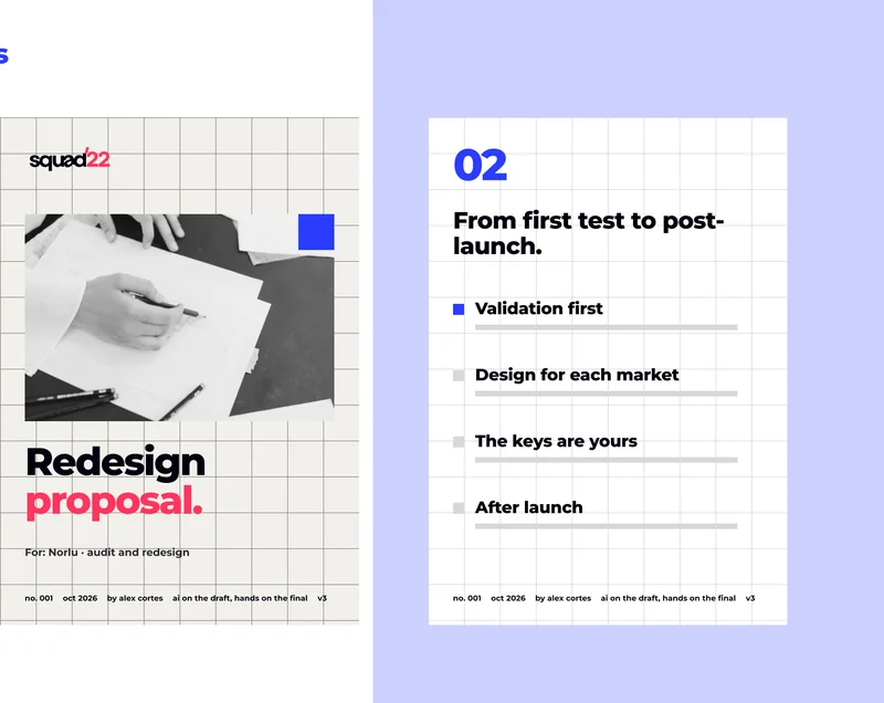 Redesign proposal. · For: Norlu · audit and redesign · no. 001 · oct 2026 · by alex cortes · ai on the draft, hands on the final · v3 · 02 · From first test to post-launch. · Validation first · Design for each market · The keys are yours · After launch