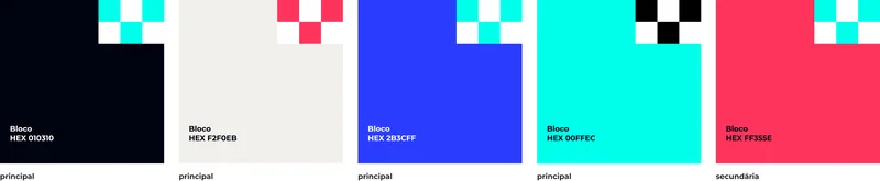 Bloco HEX 010310 · principal · Bloco HEX F2F0EB · Bloco HEX 2B3CFF · Bloco HEX 00FFEC · Bloco HEX FF355E · secundária