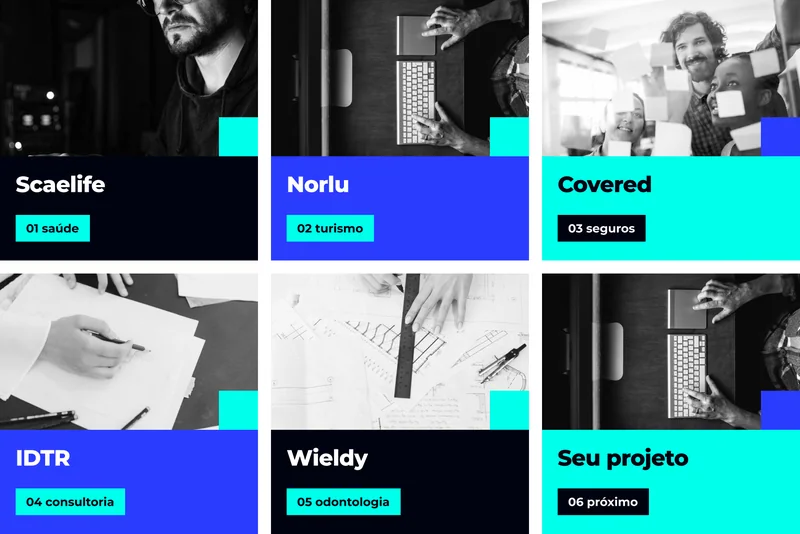 Scaelife · 01 saúde · Norlu · 02 turismo · Covered · 03 seguros · IDTR · 04 consultoria · Wieldy · 05 odontologia · Seu projeto · 06 próximo