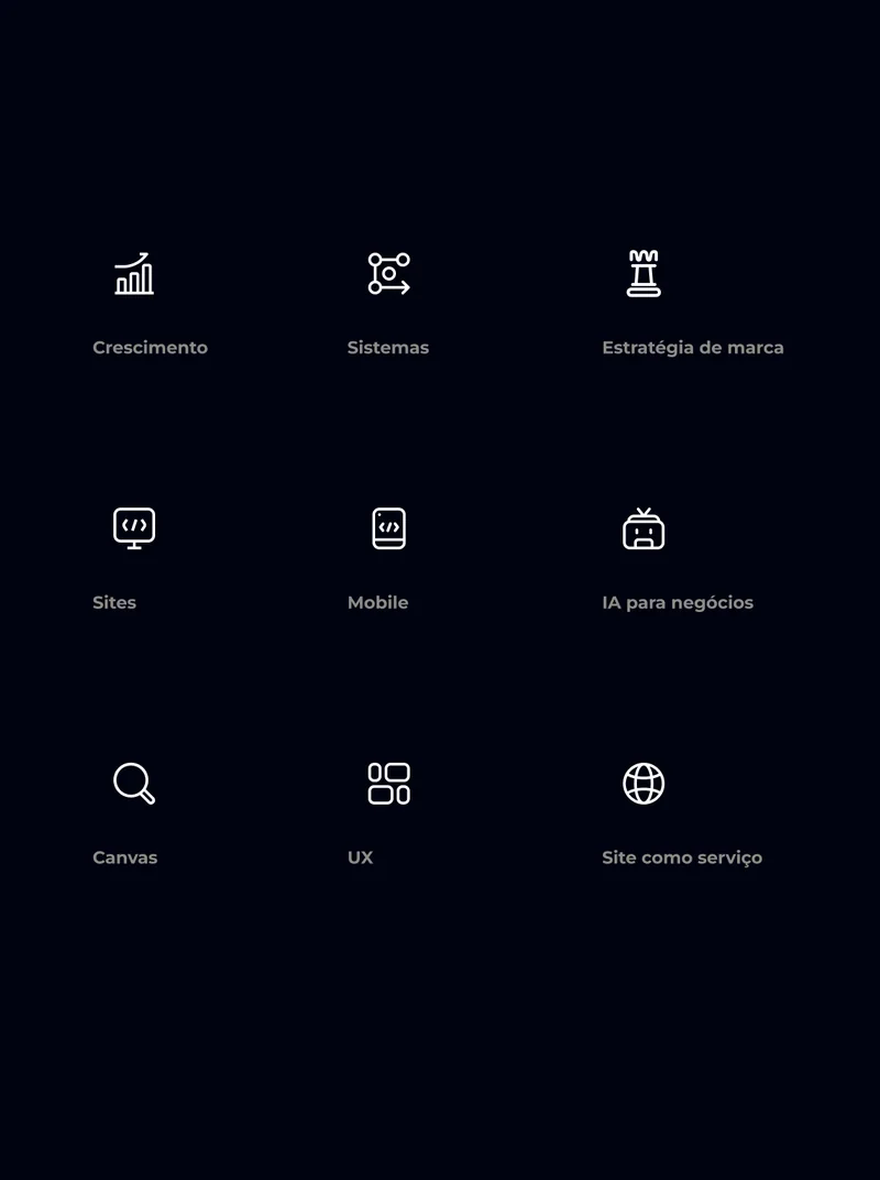 Crescimento · Sistemas · Estratégia de marca · Sites · Mobile · IA para negócios · Canvas · UX · Site como serviço